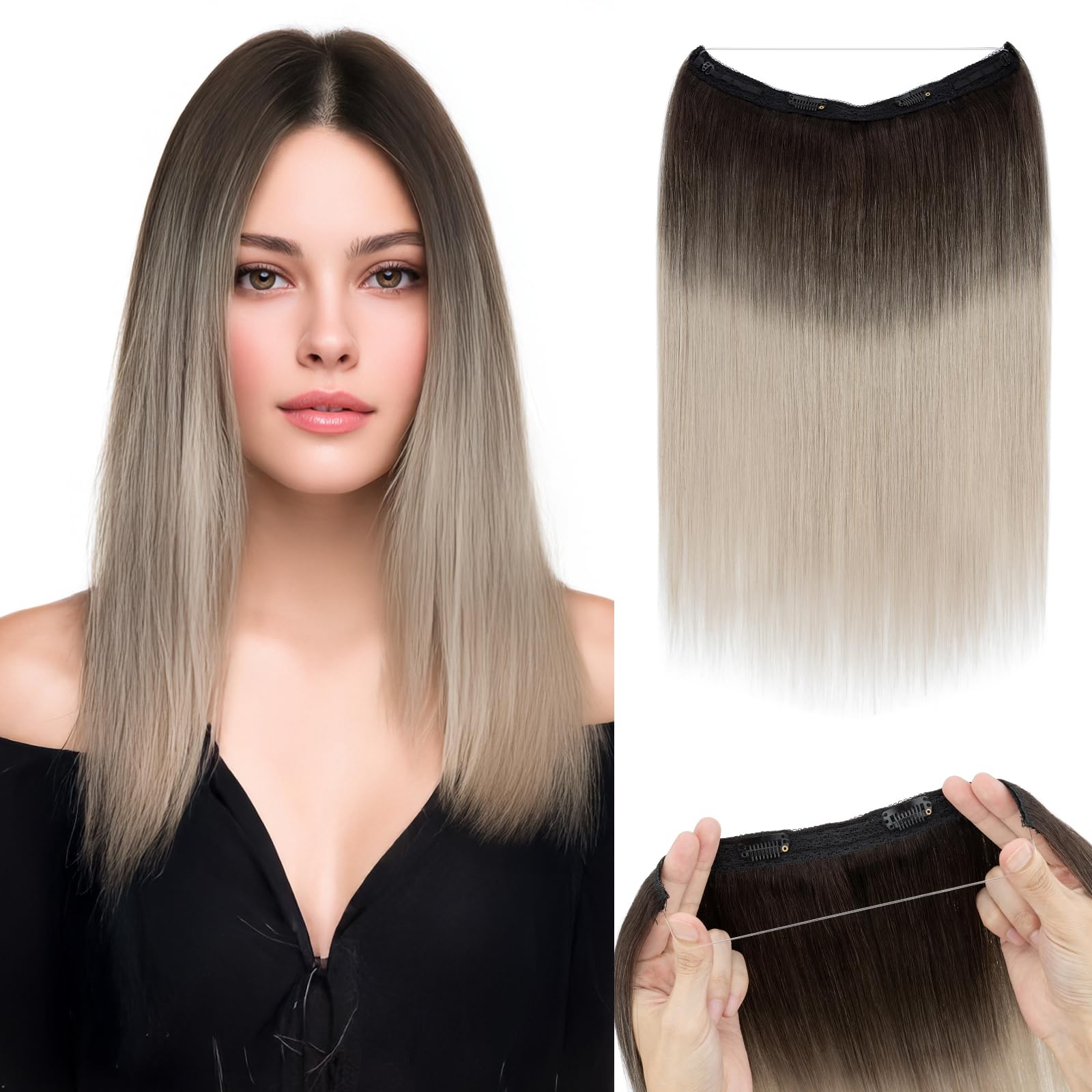 12 Inch Real Human Hair Halo Extension, Invisible Wire Clip-in Hairpiece Halo Hair Extensions 16 Natural Black | Real Human Hair  main image 4