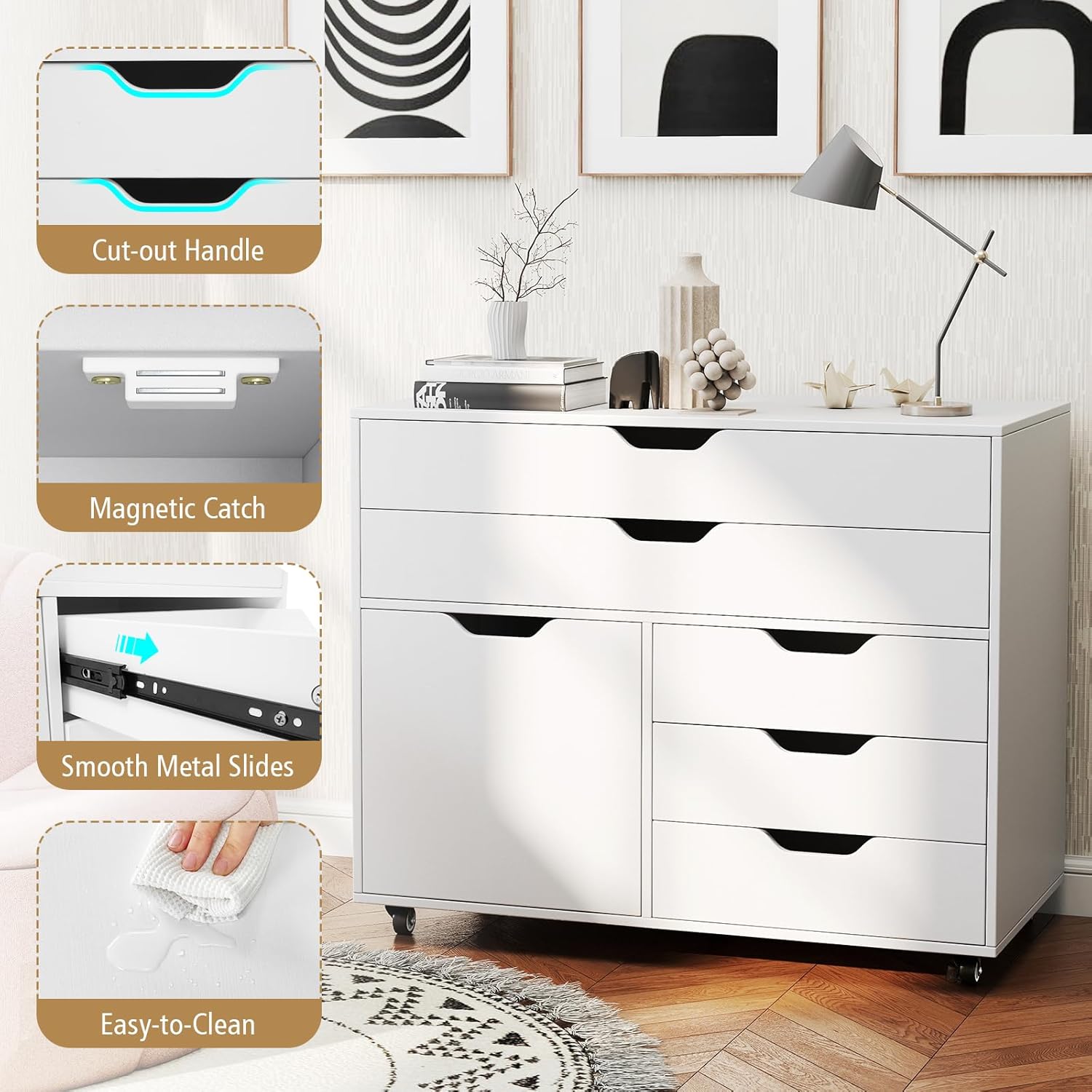 DREAMADE File Cabinet, Rolling File Cabinet with 5 Drawers, Door & Lockable Metal Wheels, Mobile Filing Cabinet with Storage, Wood Printer Stand for Home Office Study (White)