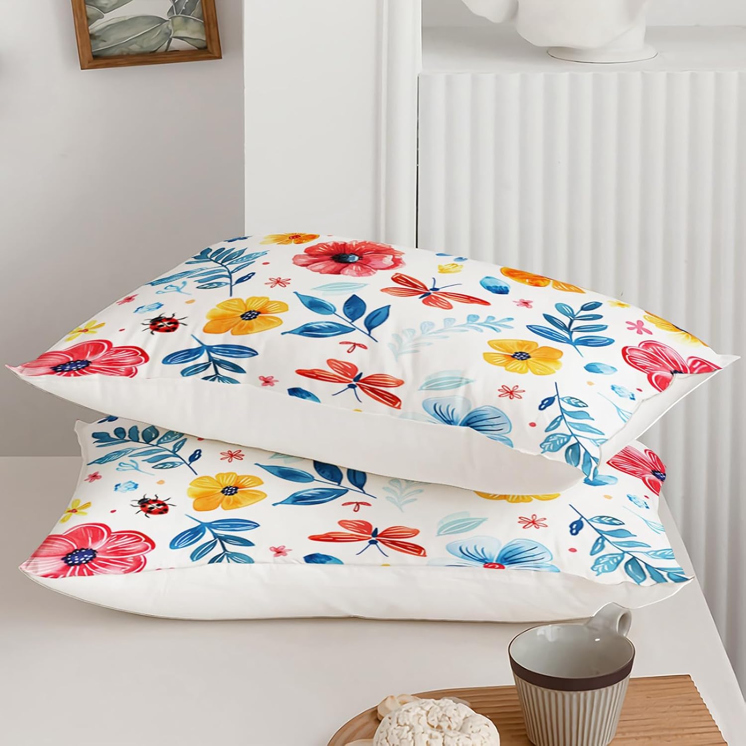 3 Pieces Floral Comforter Set Queen Size Botanical Flowers Leaves Bedding Comforter Sets, Colorful Flower All Season Lightweight Soft Microfiber Bedding with 2 Pillow Shams.