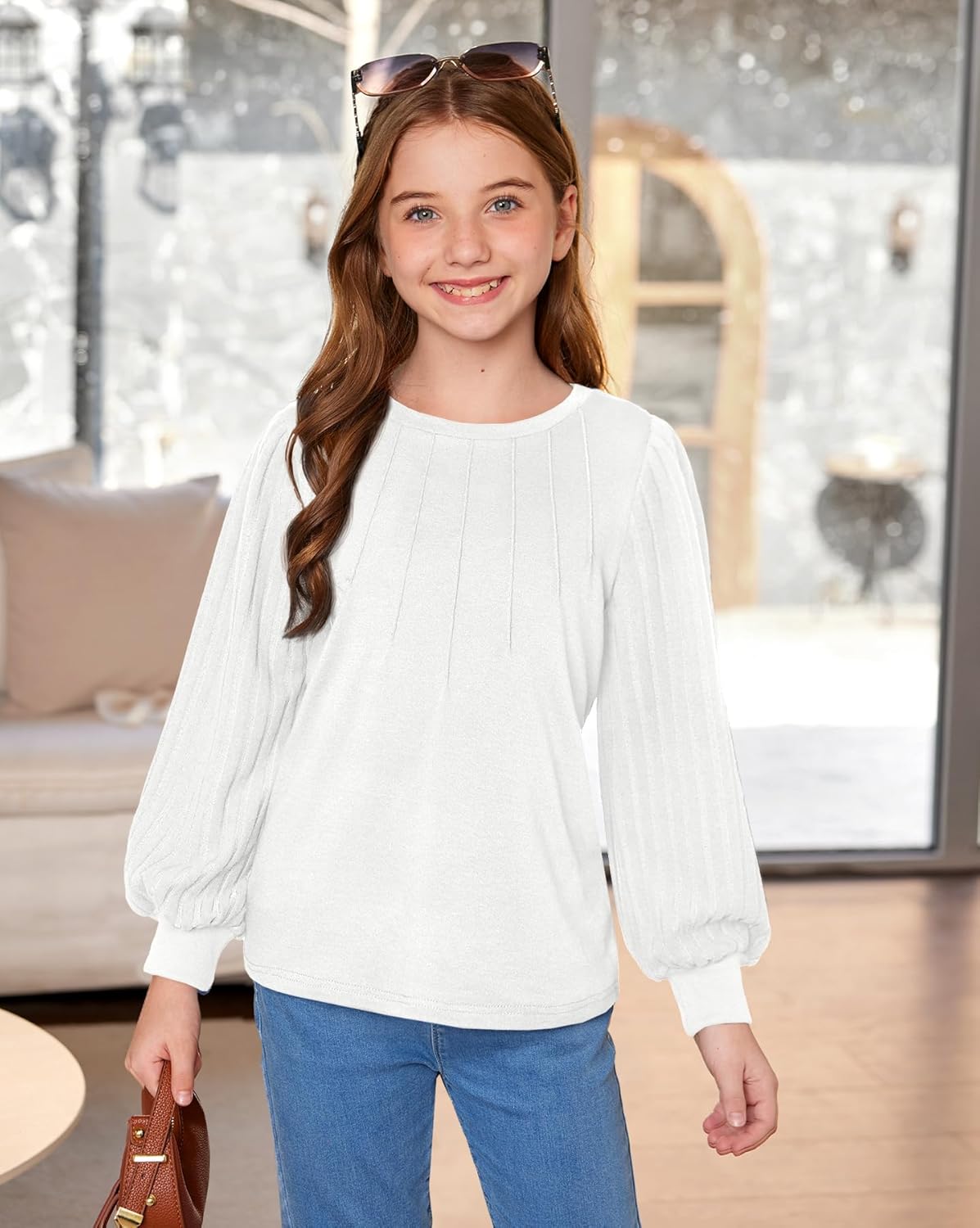 Girls Puff Long Sleeve Shirts Ribbed Knit Fall Blouse Pleated Solid Casual Tunic Top 6-14 Years - Image 2