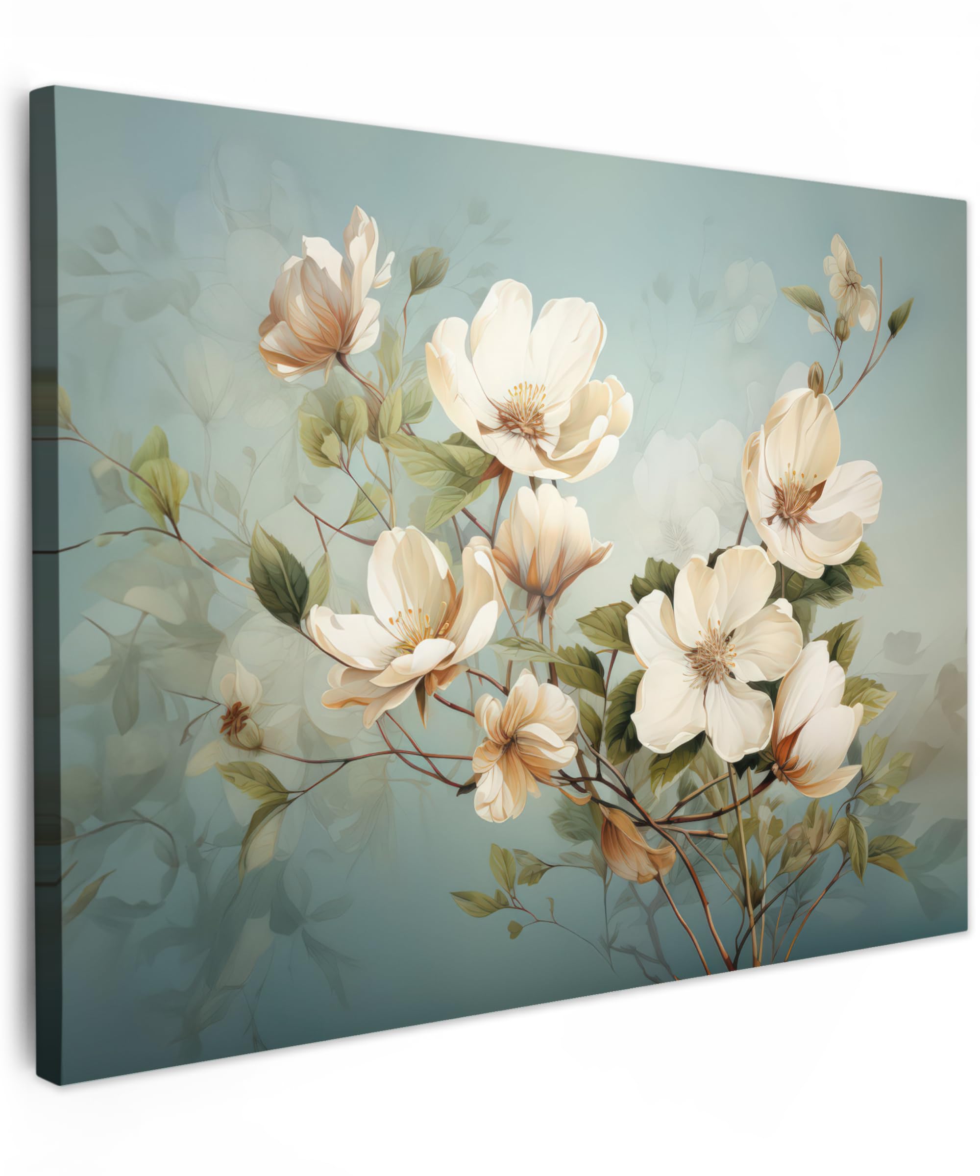MuchoWow© Bilder 80x60 cm Wohnzimmer Deko Modern Wandbild Foto auf Leinwand Bild Schlafzimmer Room Decor Geschenke Vintage - Blumen - Weiß - Zweige - Natur