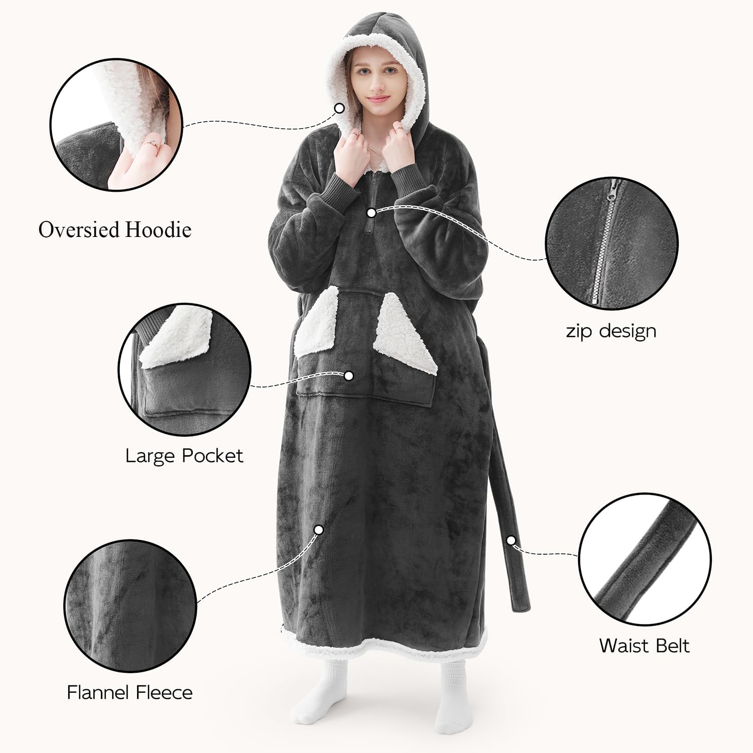 Wearable Blanket Hoodie as Gifts for Women, Long Sherpa Fleece Hooded Blankets with Oversize Hood and Pocket, Warm and Cozy Sweatshirt with Belt, Winter Gift - Image 3