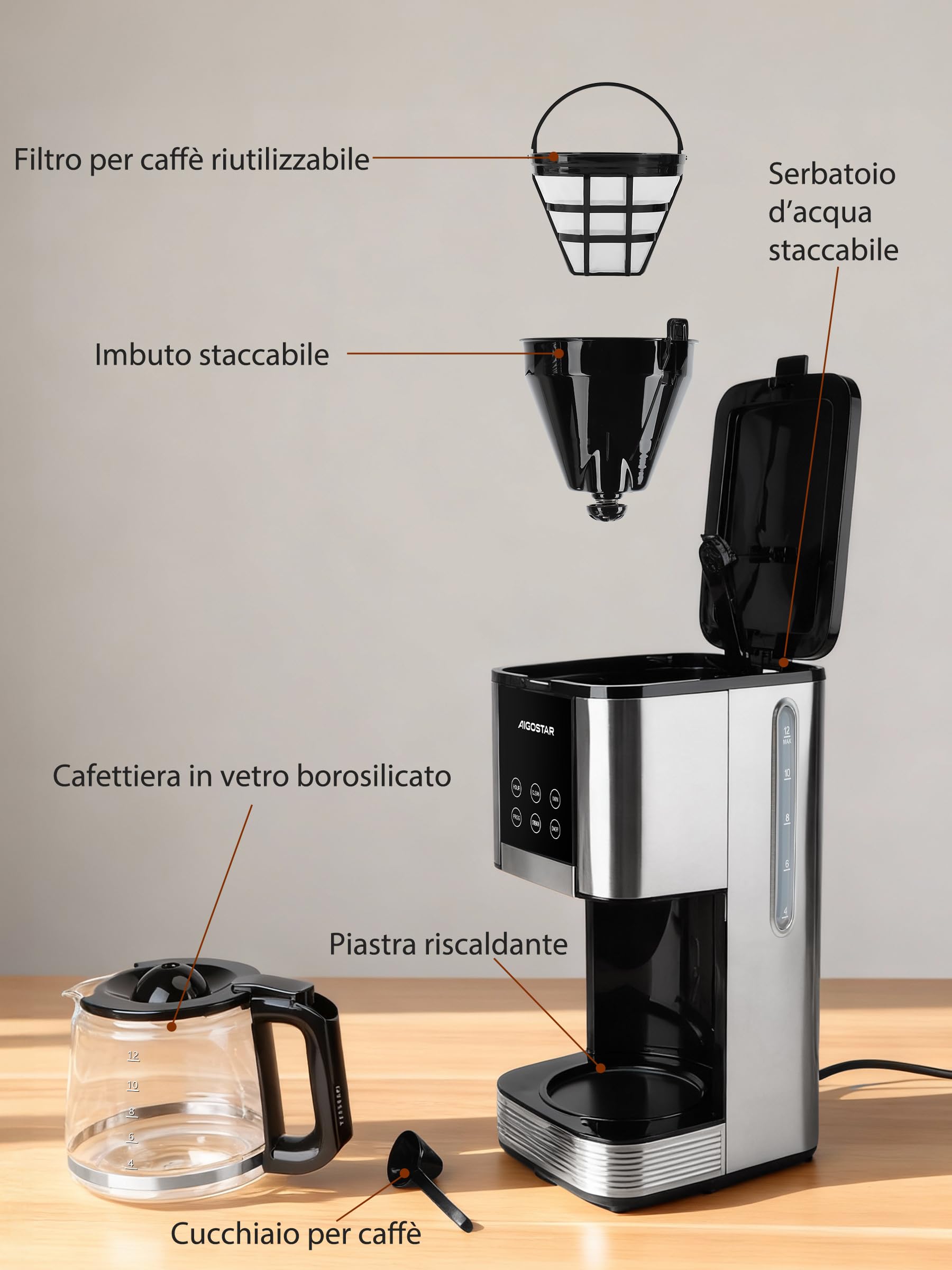 Aigostar - Macchina Caffè Americano, 1000W, Programmabile 24h con Display LCD, Autopulizia, 1.5L (12 Tazze), Regolazione Intensità, Filtro Riutilizzabile, Antigoccia, Piastra Riscaldante, BPA FREE