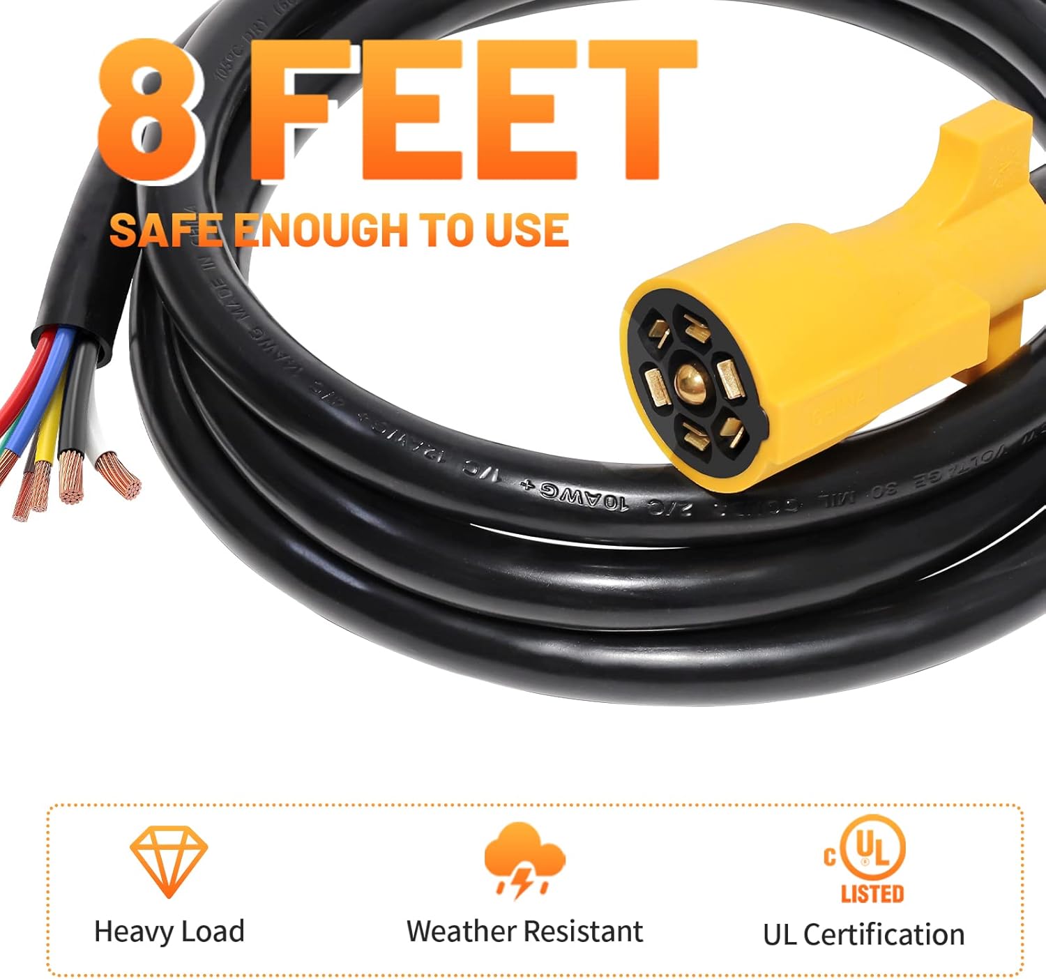 MECMO Heavy Duty 7 Way Trailer Plug Cord with Double Prongs Connector 8 Feet + 5th Wheel Wiring for USCAR 7 Pin