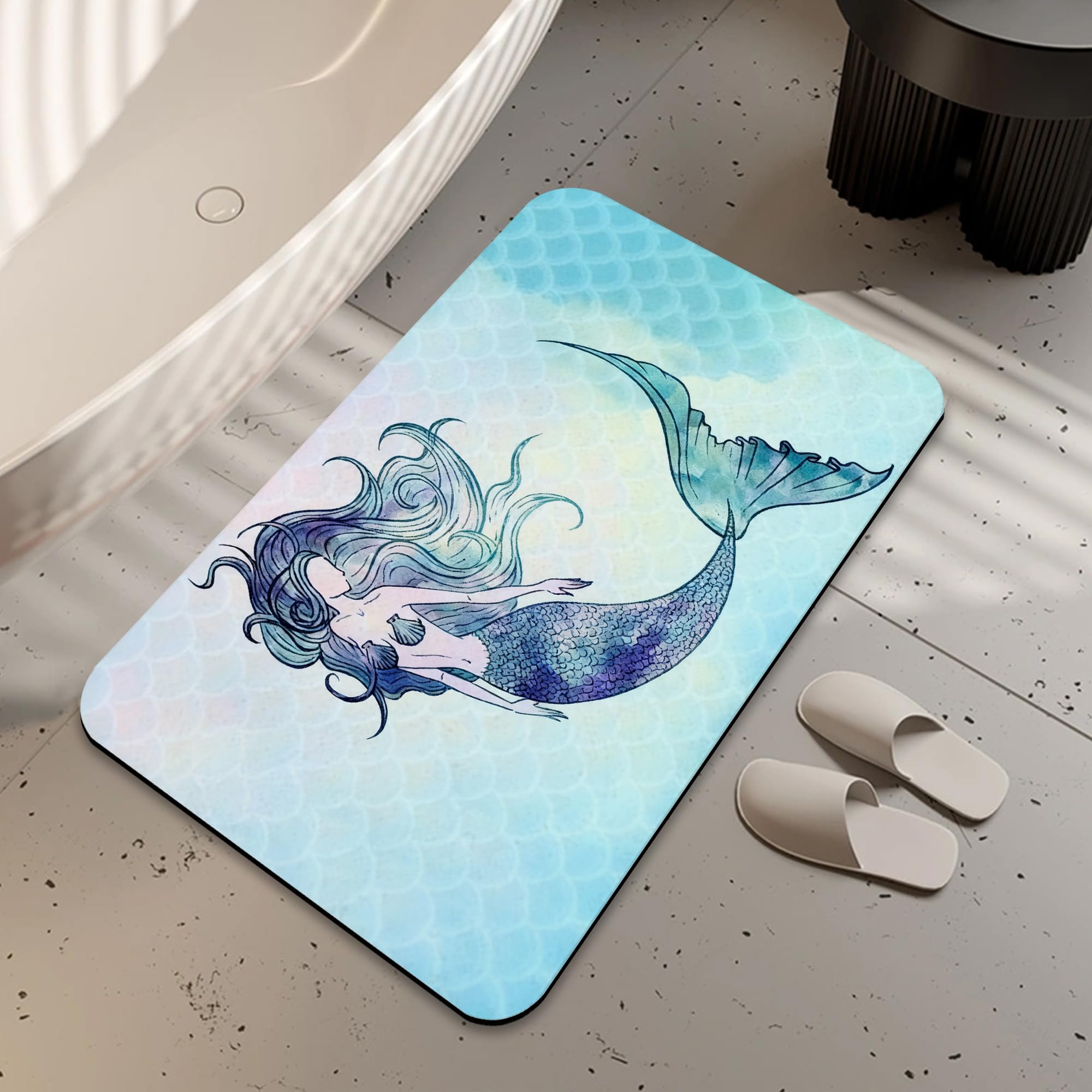 LUOENY Mermaid Bath Mat, Non-Slip Quick Dry Absorbent Thin Bathroom Rug Fit Under Door Bathroom Mat Shower Rug for in Front of Bathtub, Sink, Shower Room (75x43 cm)