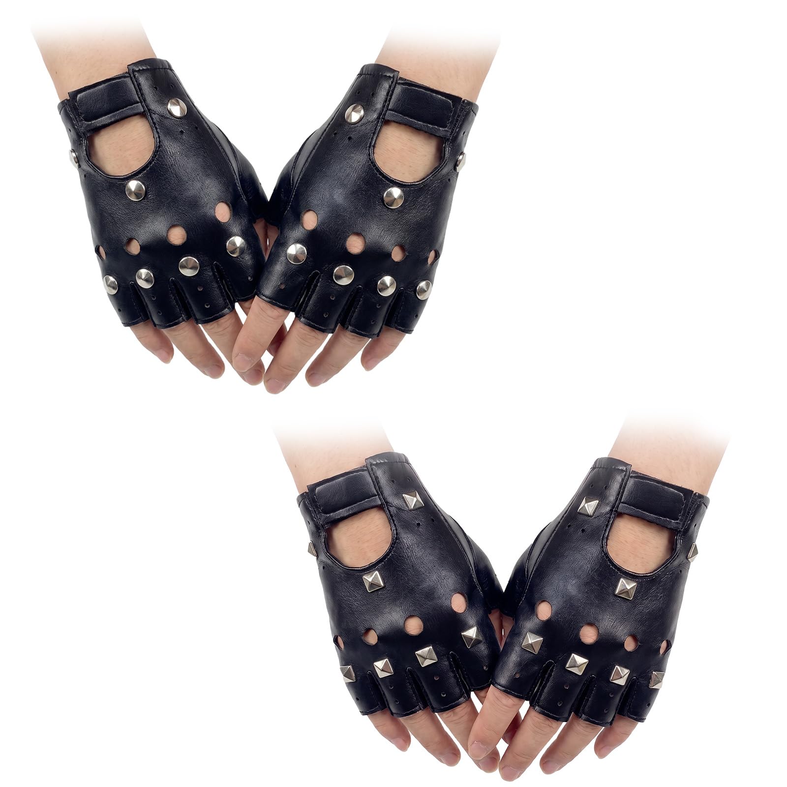 2 Pair Leather Fingerless Gloves,Punk Fingerless Leather Gloves with Studs