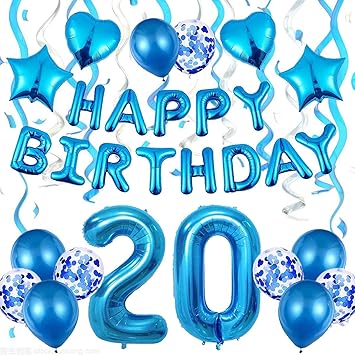 Amazon Co Jp 歳 誕生日 バルーン Happy Birthday 飾り付けセット 風船 紙吹雪風船 ハッピーバースデー パーティーセット 豪華セット 装飾 サプライズ 螺旋リボン付き テープ ストロー付き 19点セット ブルー おもちゃ