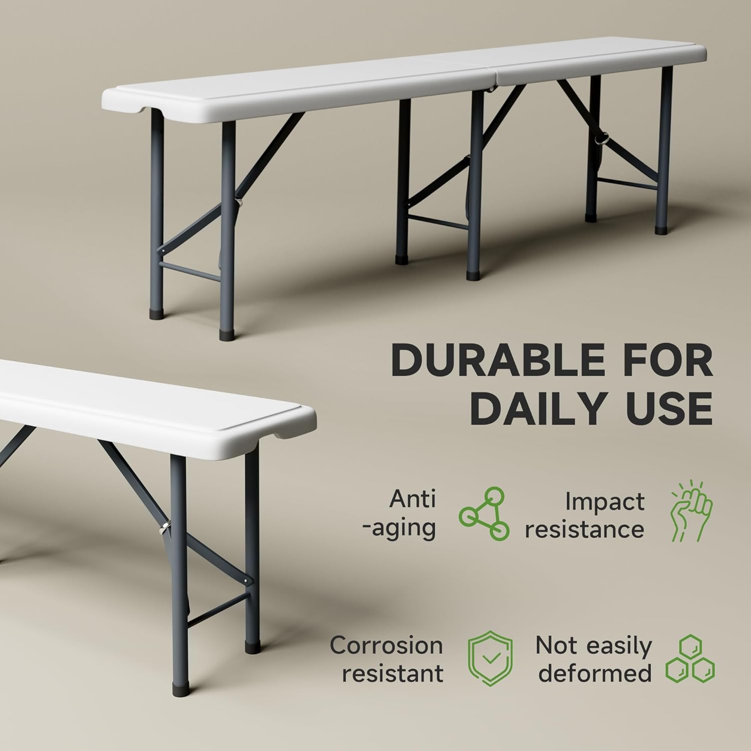 6FT Folding Bench - Heavy Duty 770lbs Capacity, Safety Locking Button & Wider Carrying Handle, Foldable Portable Bench for Outdoor, Picnic, Storage, Camping - White, 2 Pack