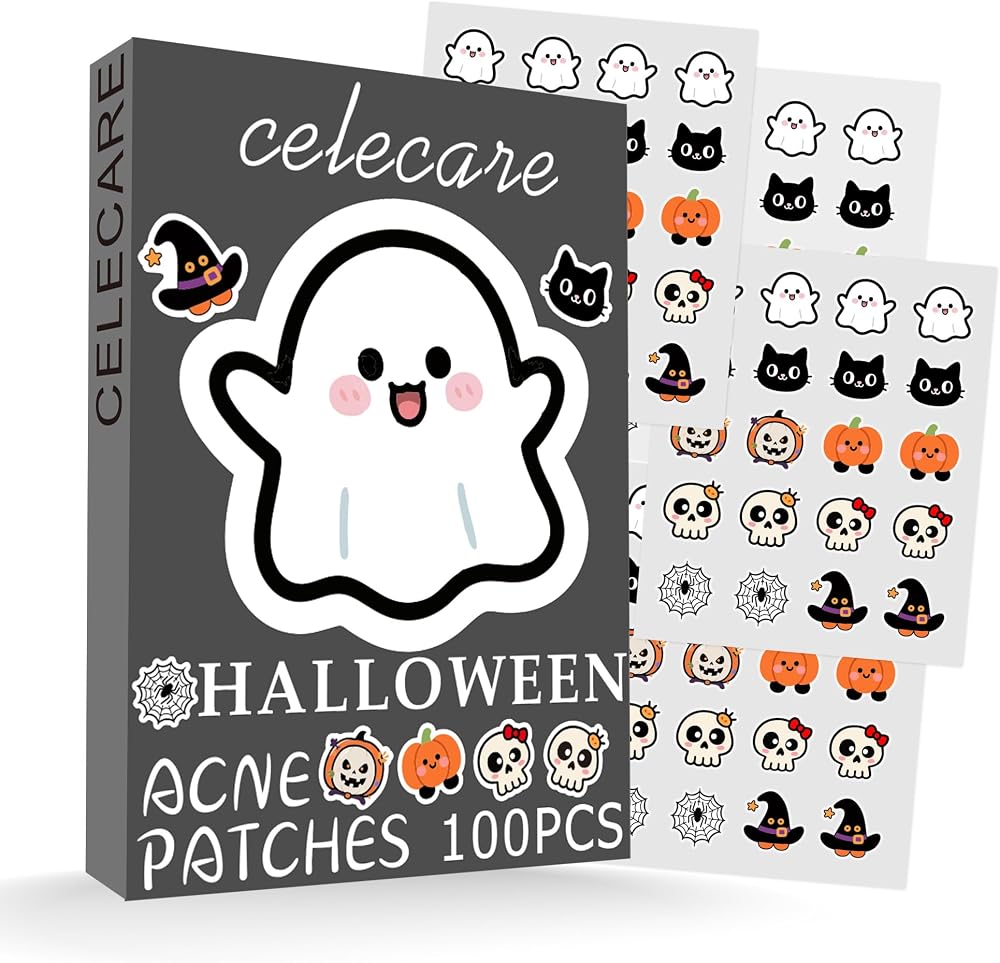 Halloween Hydrocolloid Pimple Patches 8 Styles (100 Count) | Salicylic Acid & Tea Tree Oil | Covers Zits & Blemishes | Hydrocolloid | Absorbs Skin Secretions | Cute Halloween Shapes