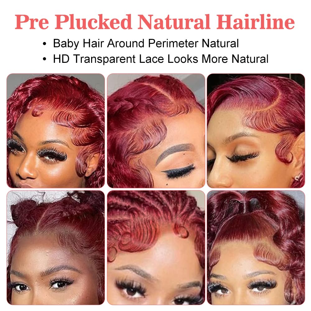 ALSZIQIHR 99J Burgundy Wig Human Hair 13x4 Water Wave Lace Front Wigs Human Hair 210 Density Pre Plucked Glueless Wine Red Colored Lace Front Wig for Women 32inch