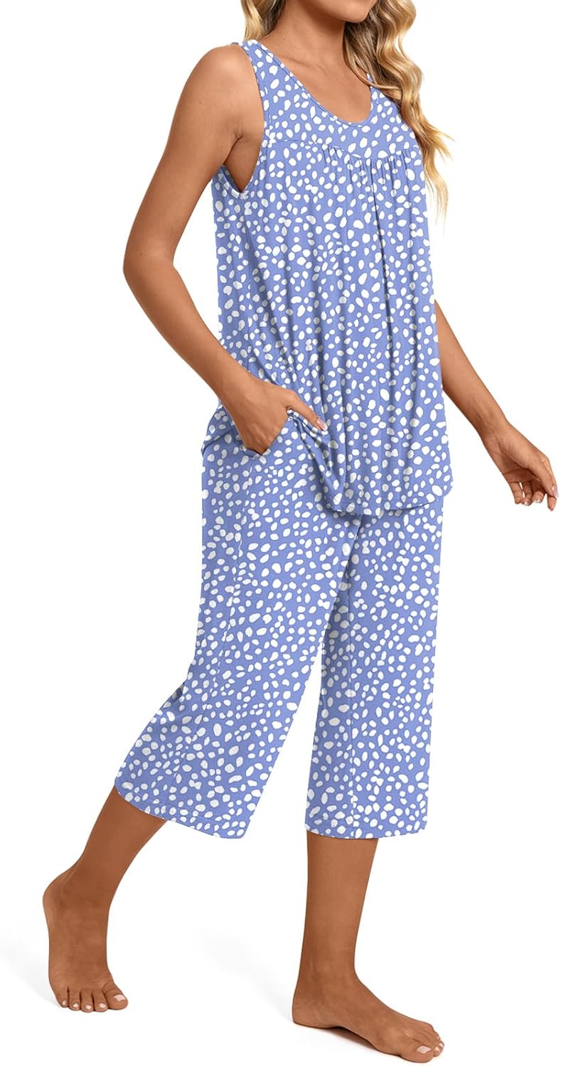TAOHUADAO Womens Summer 2 Piece Pajama Sets, Sleeveless Tops with Capri Pants, Lounge Ladies Pjs Sets with Pockets - Image 2