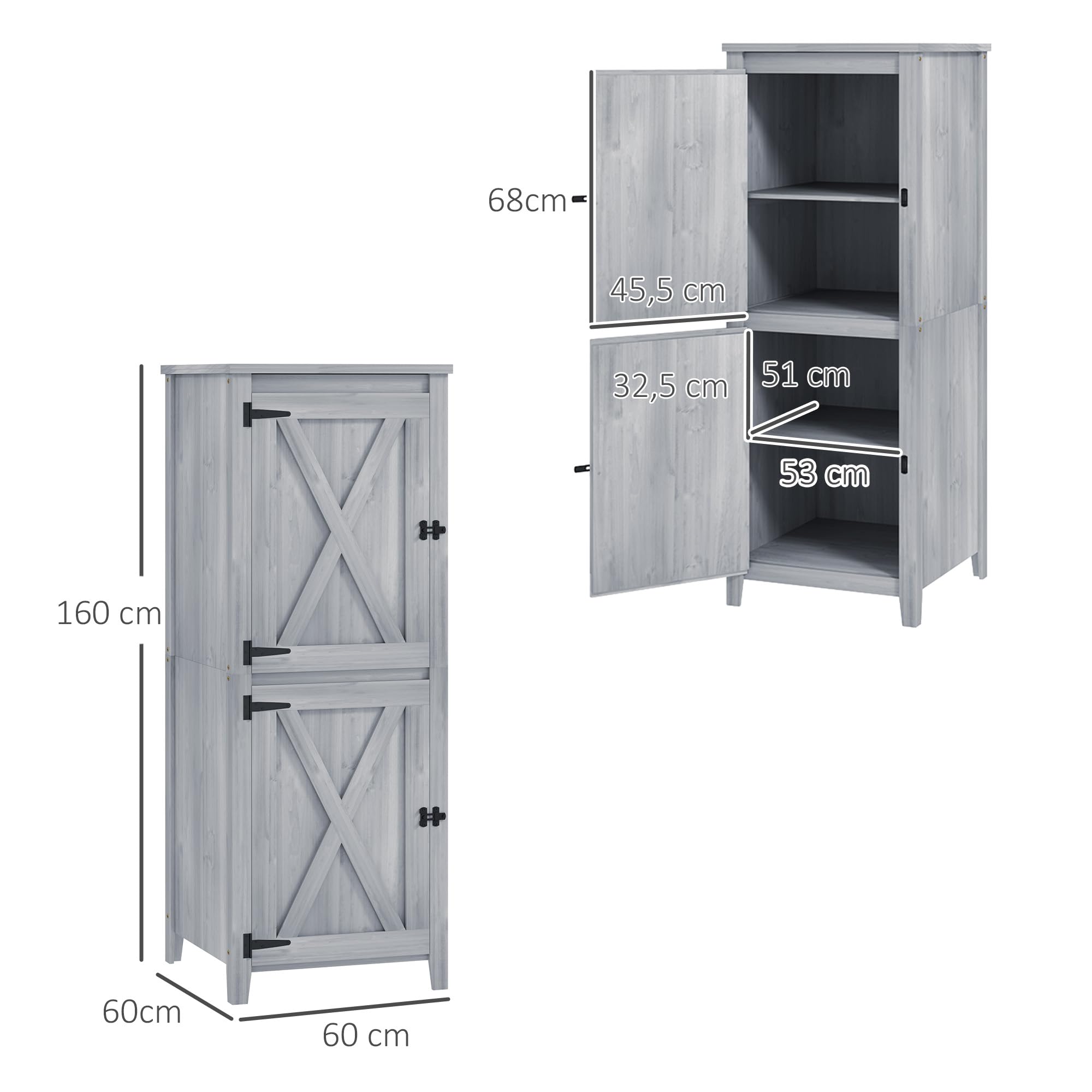 Outsunny Gartenschrank Holz Wetterfest Geräteschrank 60x60x160cm Hellgrau | Geräteschuppen, Gartenschuppen mit Ablagen, Doppeltür, Abschließbar, Gerätehaus Werkzeugschrank, Draußen Schrank