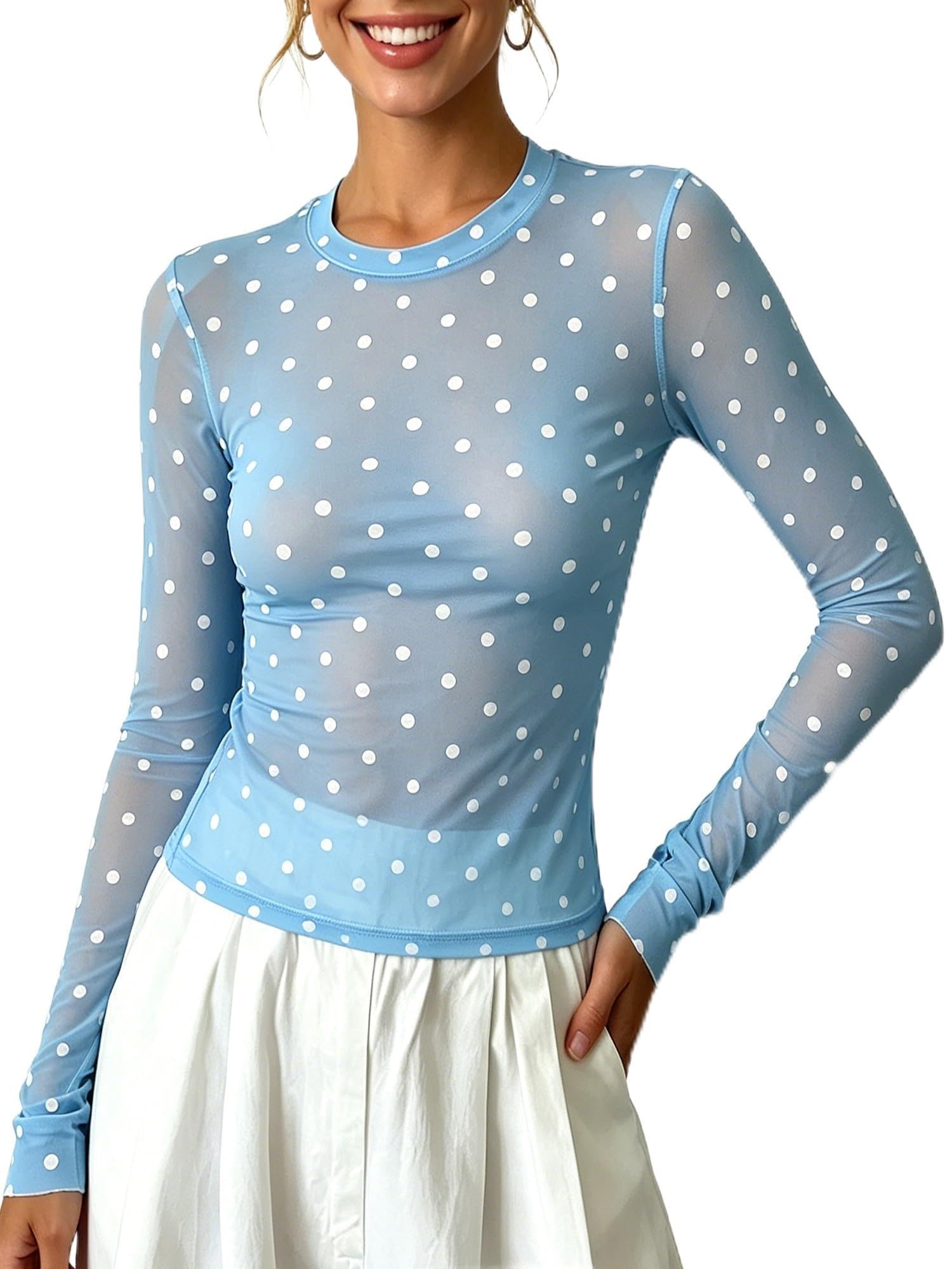 Acrawnni Women's Sexy See Through Slim Fit Shirts Long Sleeve Sheer Mesh Tops (A-Blue, M)