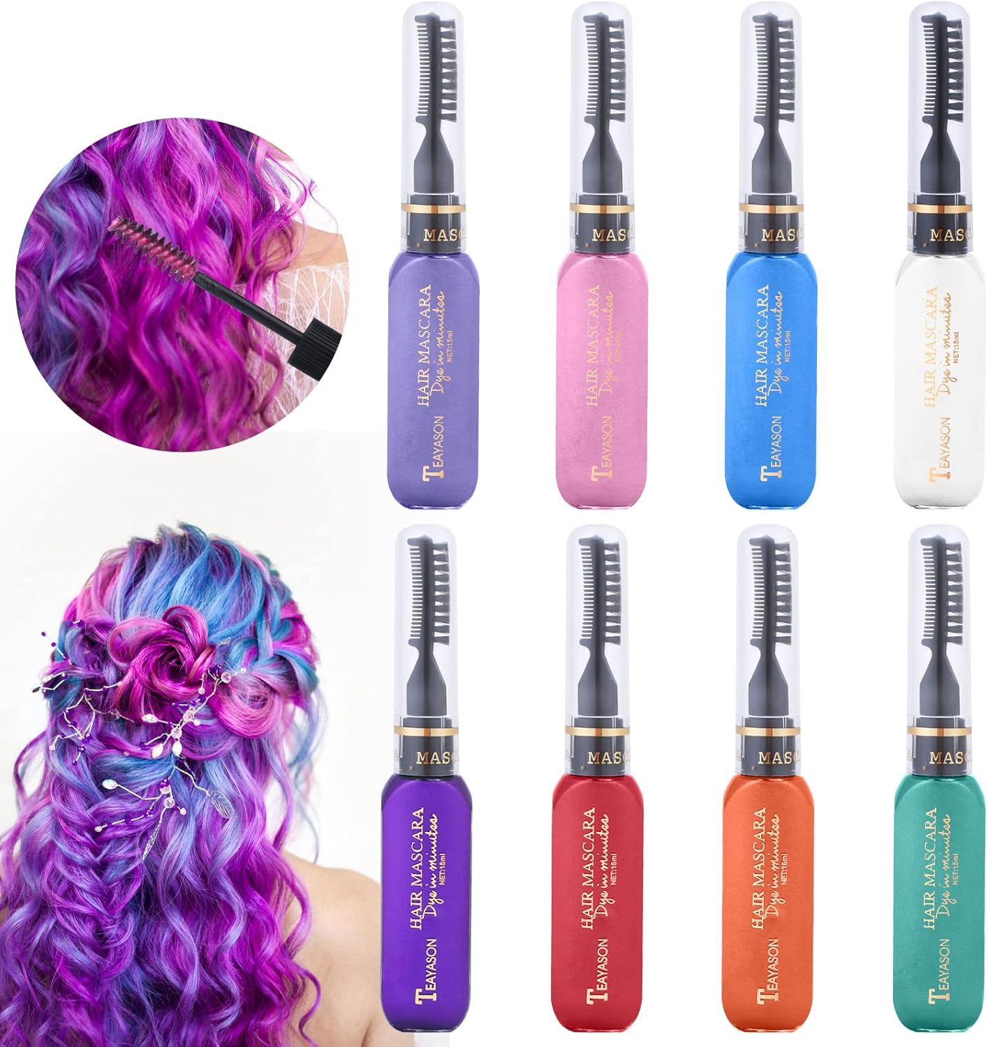 Kam voor haarkrijt, tijdelijke haarverf, krijtkam, niet giftig en wasbaar, tijdelijke haarkleuring, voor carnaval, doe-het-zelf, cosplay, party, Kerstmis, Halloween, verjaardag (8 kleuren)