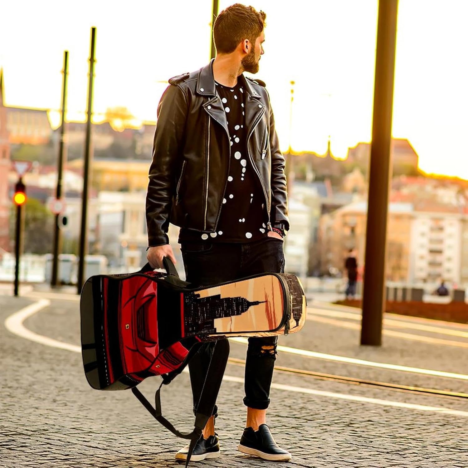 Acoustic Guitar Gig Bag 10mm Thick Padding, Soft Waterproof Guitar Case with Adjustable Backpack Straps for 40-42 Inch Guitar, Red Race Car on Urban Street