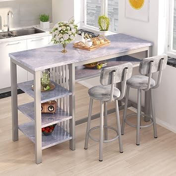AWQM 3-Piece Bar Table and Chairs Set, Modern Gray Table with 2 PU Cushion Bar Stools, Kitchen Counter with 3 Tier Storage Shelves, Space Saving Table for Home & Kitchen, Black Frame