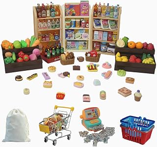 182Pcs Mini Shopping Cart Basket Miniature Food Drink Toy Supermarket Metal Handcart Trolley Dollhouse Store Grocery Accessories Kitchen Play Game Party Model Shelves Cash Registe