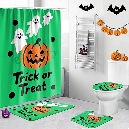 Miniatura 21 de Juego de 4 cortinas de ducha de Halloween, juego de baño de Halloween con cortina de ducha y alfombras, cubierta de tapa de inodoro, cortina de