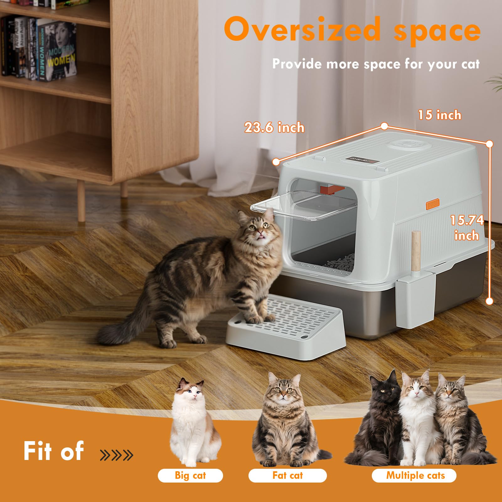 Smart Odor Control Stainless Steel Cat Litter Box with Lid, Smart Cat Litter Box with Infrared Sensor, Large Automatic Litter Boxs for Cats, 3 in 1 Design and 135° Flip-Top, Litter Scoop & Foot Pedal - image 3