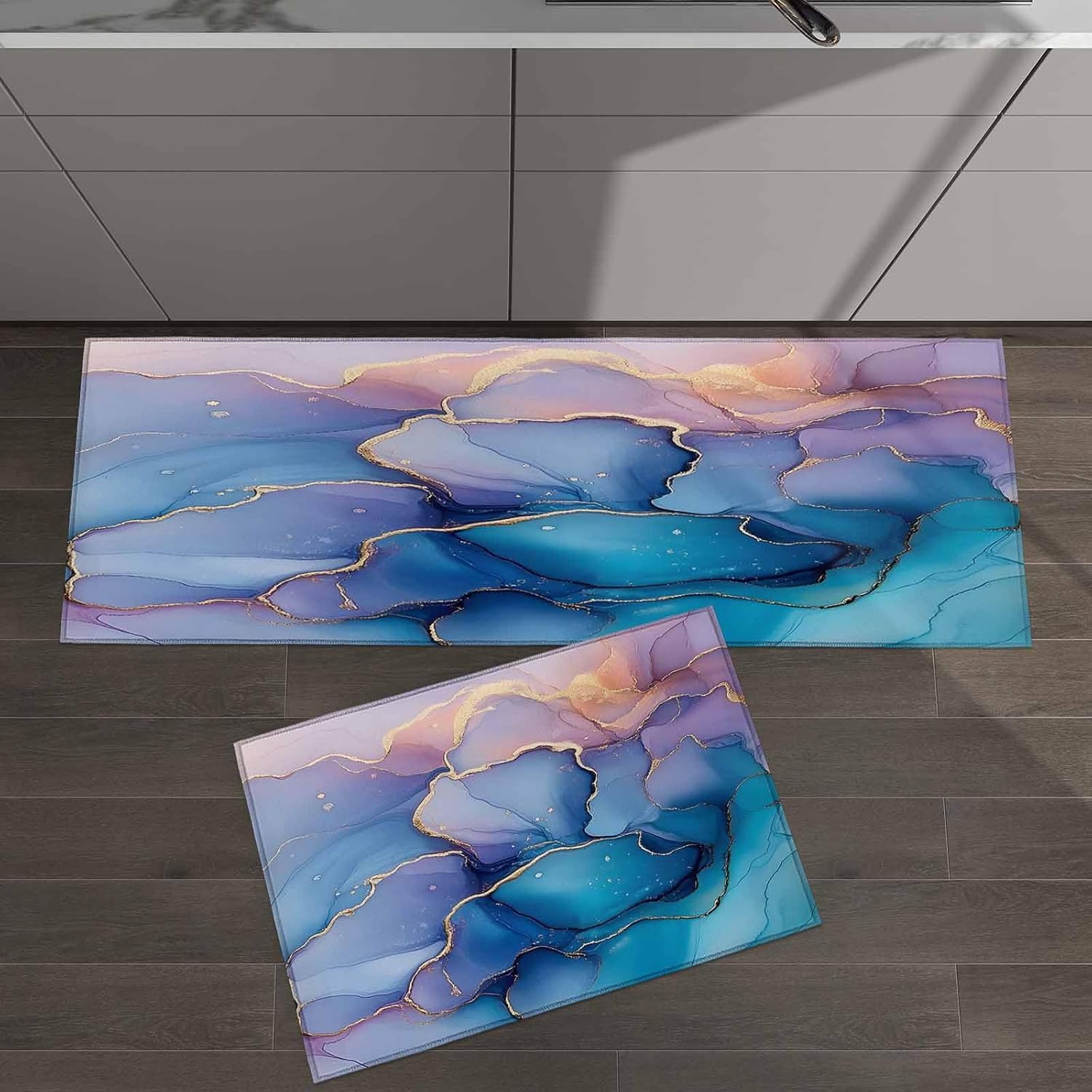 2 Pieces Kitchen Rugs and Mats,Modern Colorful Gradient Marble Texture Area Runner Rug Set Non Slip Floor Doormat Washable Carpet Standing Mat for Kitchen Sink Indoor Corridor,Abstract Fluid Art