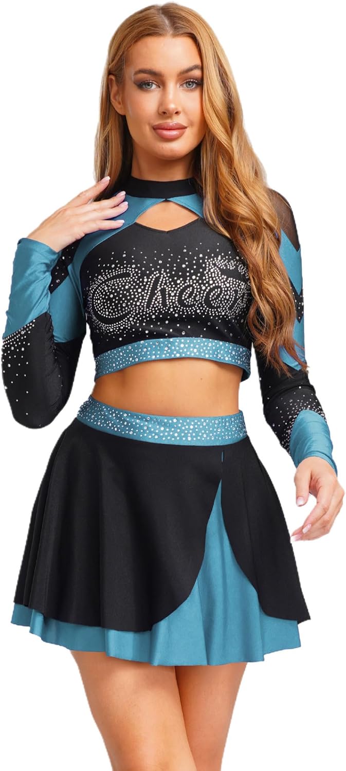Women's Shiny Rhinestone Cheerleading Uniform Long Sleeve Hollow Out Crop Top Skating Skirt Sky Blue XX-Large