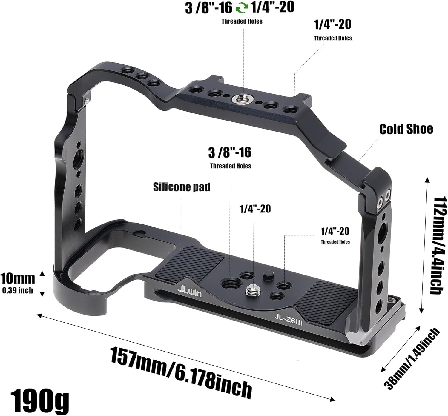 FocusFoto Camera Cage for Nikon Z6 III Mirrorless Camera, Aluminium Z6III Cage with Nato Rail, Cold Shoe, 1/4"-20 Screw Mount, 3/8"-16 Locating Holes for Arri Grip, Quick Release Plate for Arca Tripod