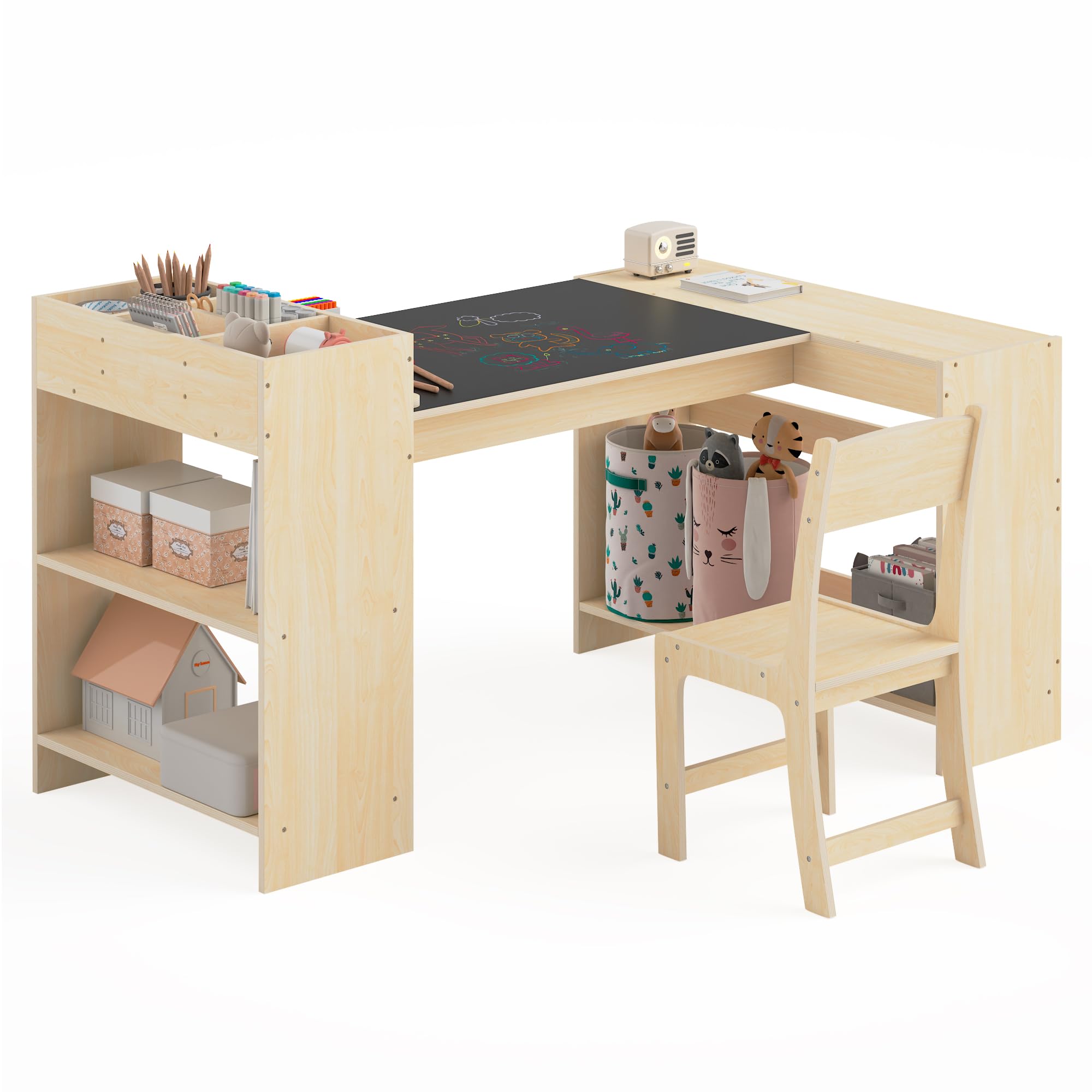 bbgroundgrm Kids Art Table and 1 Chairs Set, Kids Craft Table with Storage,Wooden Set for Toddlers, Activity Desk for Children Painting, Reading, Learning