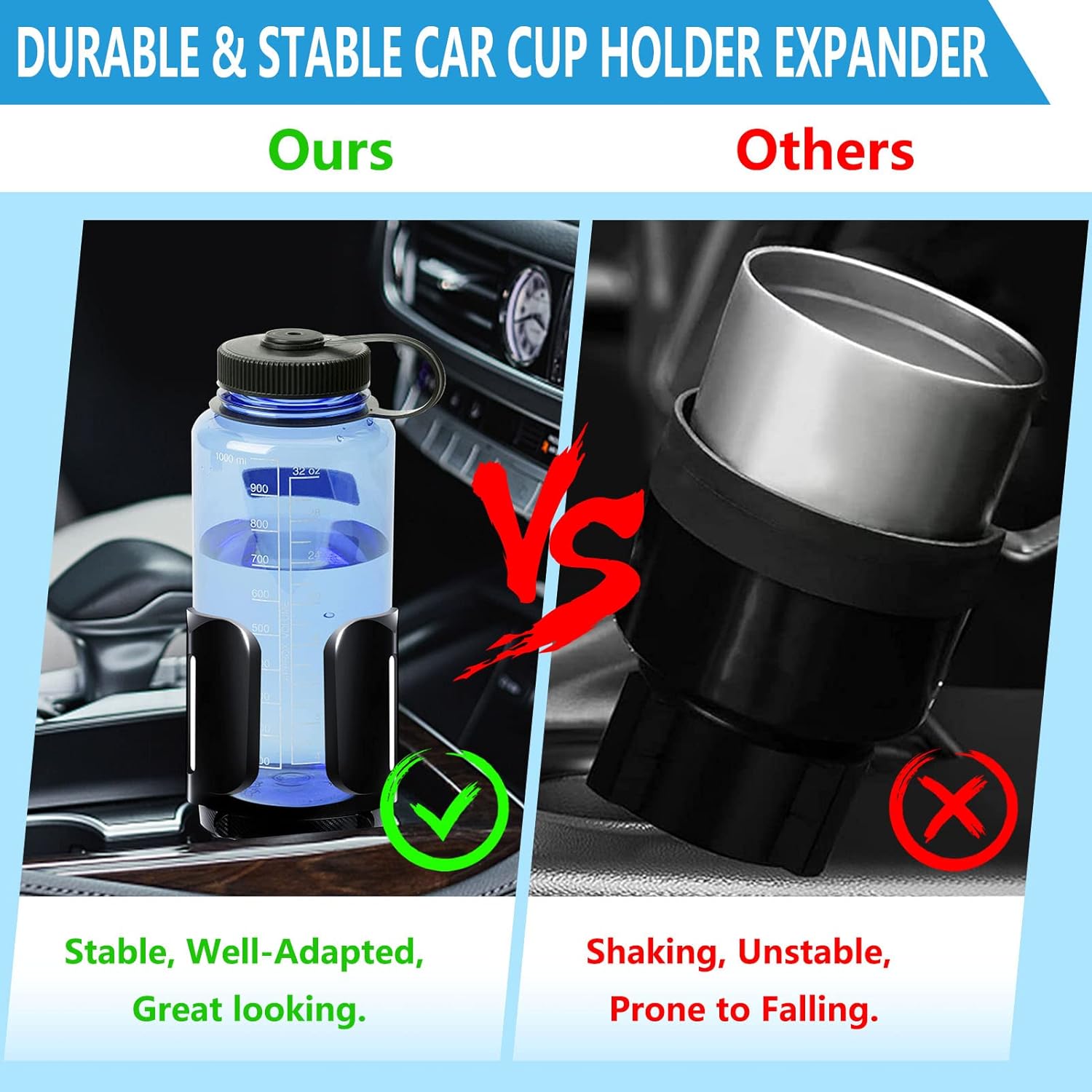 Cup Holder Expander for Car with Adjustable Holder & Base, Compatible with 10-64oz Yeti Ramblers, Hydro Flask, Nalgene, Stanley, Hold 2.9"-5.5" Large Bottles Mugs Food Drink, Car Cup Holder (2 pcs)