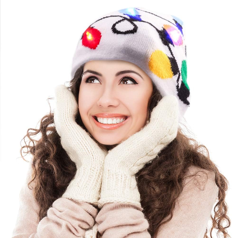 Light up Hat Beanie LED Christmas Hat Adults Women Men Kids Girls Boys Novelty Funny Hat Gifts (White)
