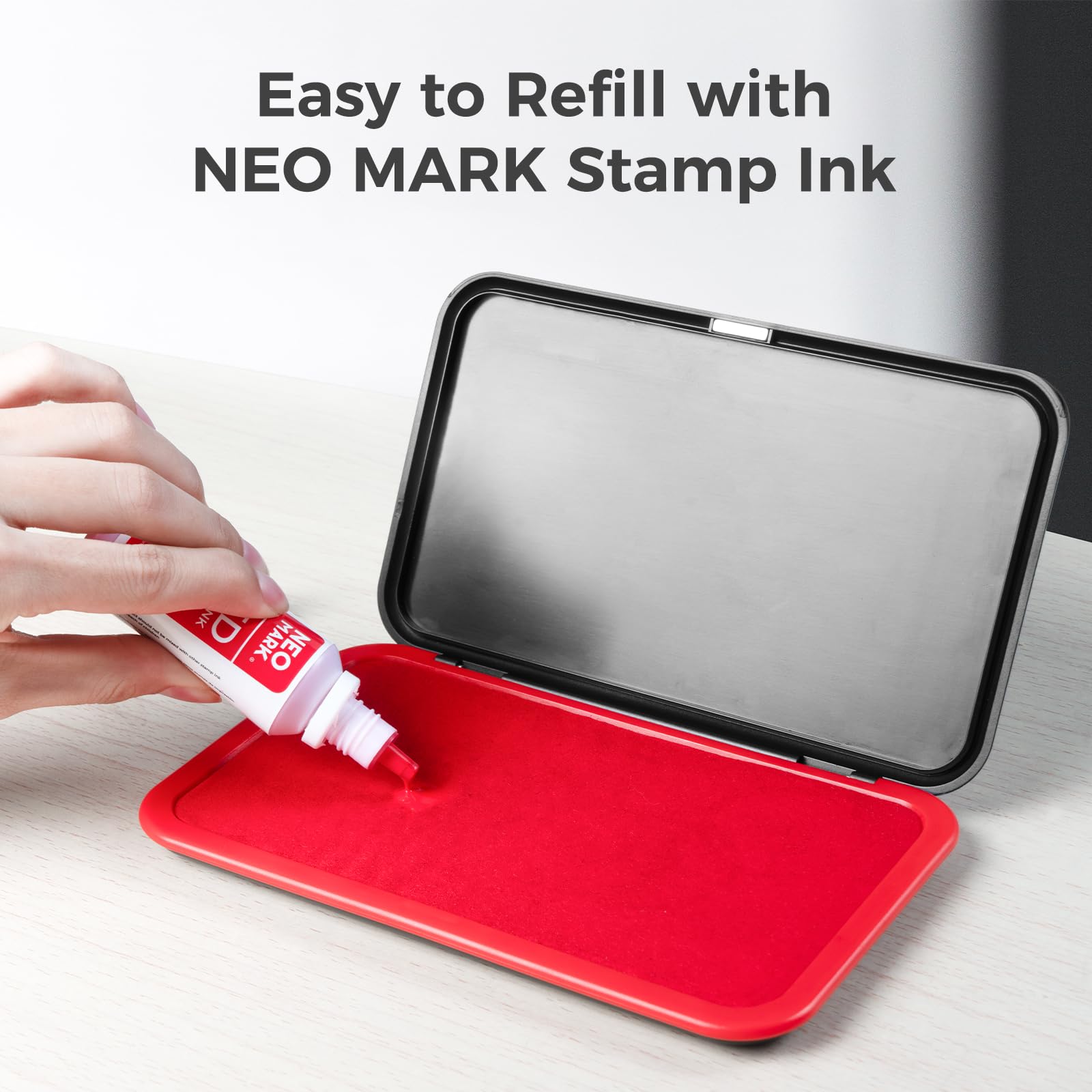 NEO MARK Kit de almohadillas de sello rojo grande (tinta de 1 oz incluida), innovador diseño de tapa magnética, almohadilla de sello de fieltro premium para oficina, hogar, 3.50 x 6.25 pulgadas