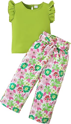 Valseclub Girls 2 Piece Outfits Flower Print Ruffle SleeveTank Top and Wild Leg Pants Spring Summer Clothes Set 2-8 Years