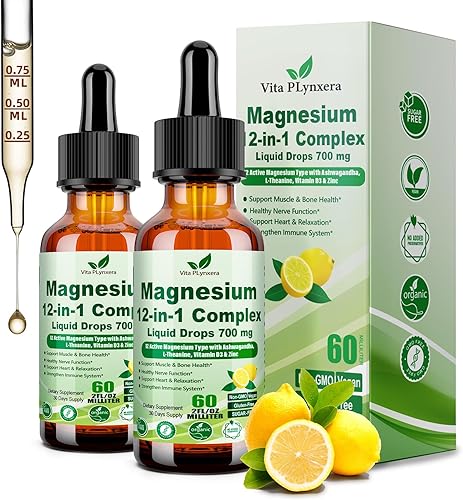 Miniatura 9 de Gotas líquidas de complejo de magnesio 12 en 1, citrato de magnesio quelado, glicinato, taurato, malato aspartato con teanina Ashwagandha D3 y zinc