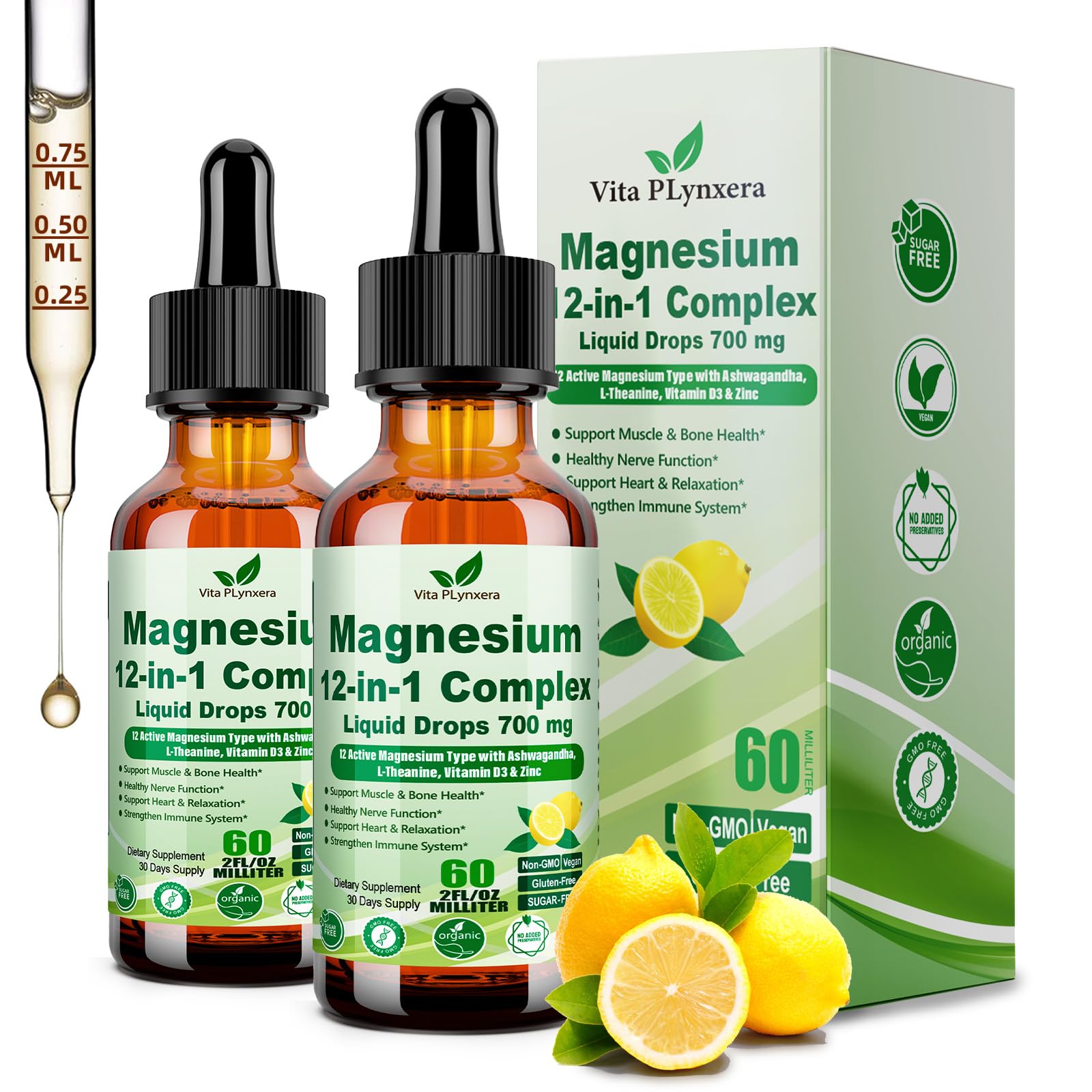 Vita PLynxera Complexo de Magnésio Líquido com 12 formas, 700 mg, sabor limão, 2 frascos de 60 mL