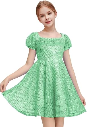 Sequin Girls Homecoming Dresses Sparkly Short Formal Teen Dresses Square Neck Puff Sleeves Junior Prom Dress HC003