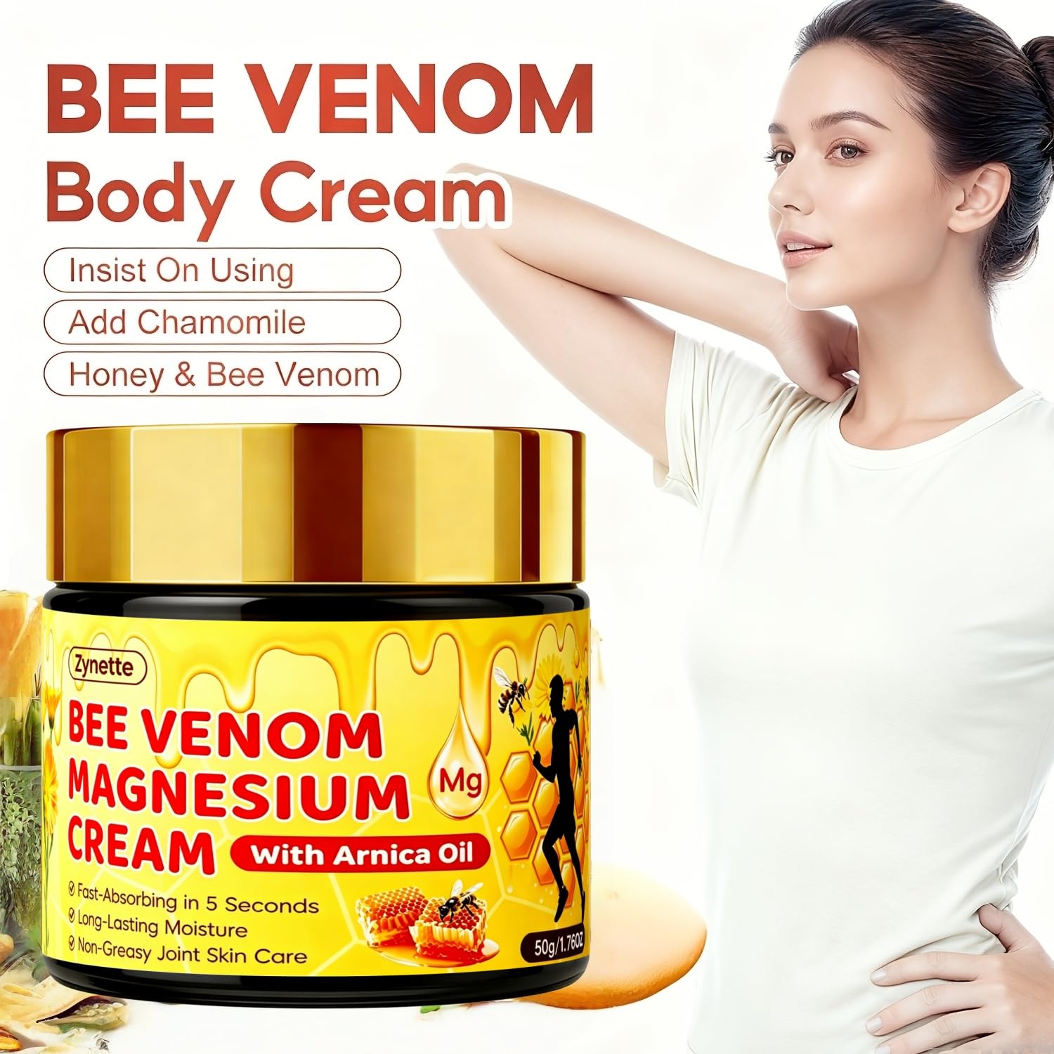 Bee Venom Magnesium Cream with Arnica Oil Collagen Retinol Anti-aging Moisturizing Cream Deep Hydration Firming Lifting Brighten Smooth Facial Tightening Cream for Joint Skin Care