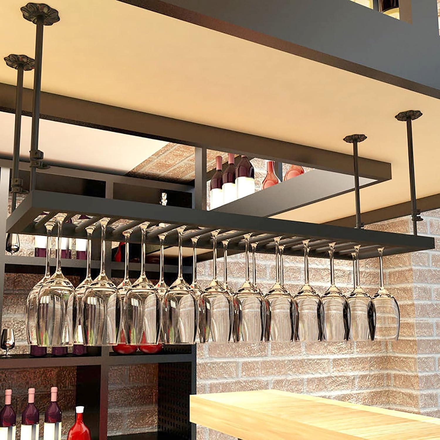 Hanging Wine Glass Holder Vintage Iron Wine Glass Holder,Ceiling Black Stemware Rack,Adjustable Height,Wine Glass Storage Rack,Champagne Cup Holder,for Bar Kitchen Restaurant