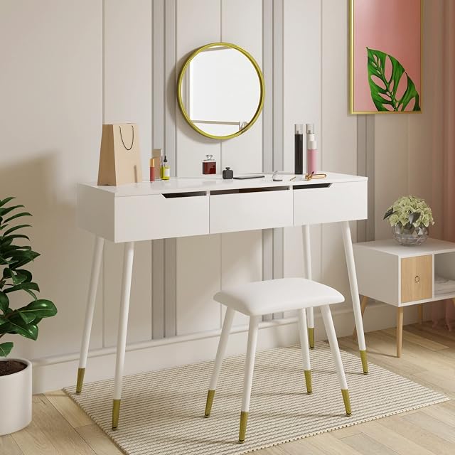 WOLTU White Makeup Table Set, Dressing Desk with Padded Stool and Wall Mounted Mirror, Modern Vanity table with 3 Drawers, Wooden Cosmetic Table, White+Gold, 100x40x77.5cm, MB6088ws