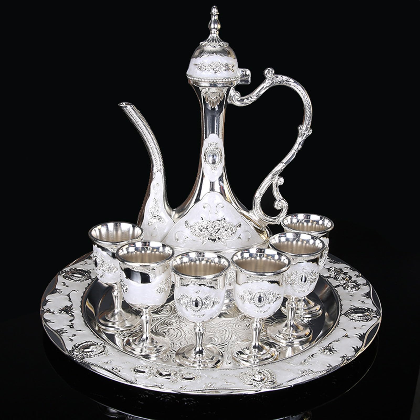 Juego De Tetera Vintage, Juego De Cafetera Vintage Juego De Té Vintage Con 6 Tazas De Café Y Bandeja De Té Juego De Té De Aleación De Zinc Rosa Roja Chapado En Oro Para Fiesta En Casa(Plata)
