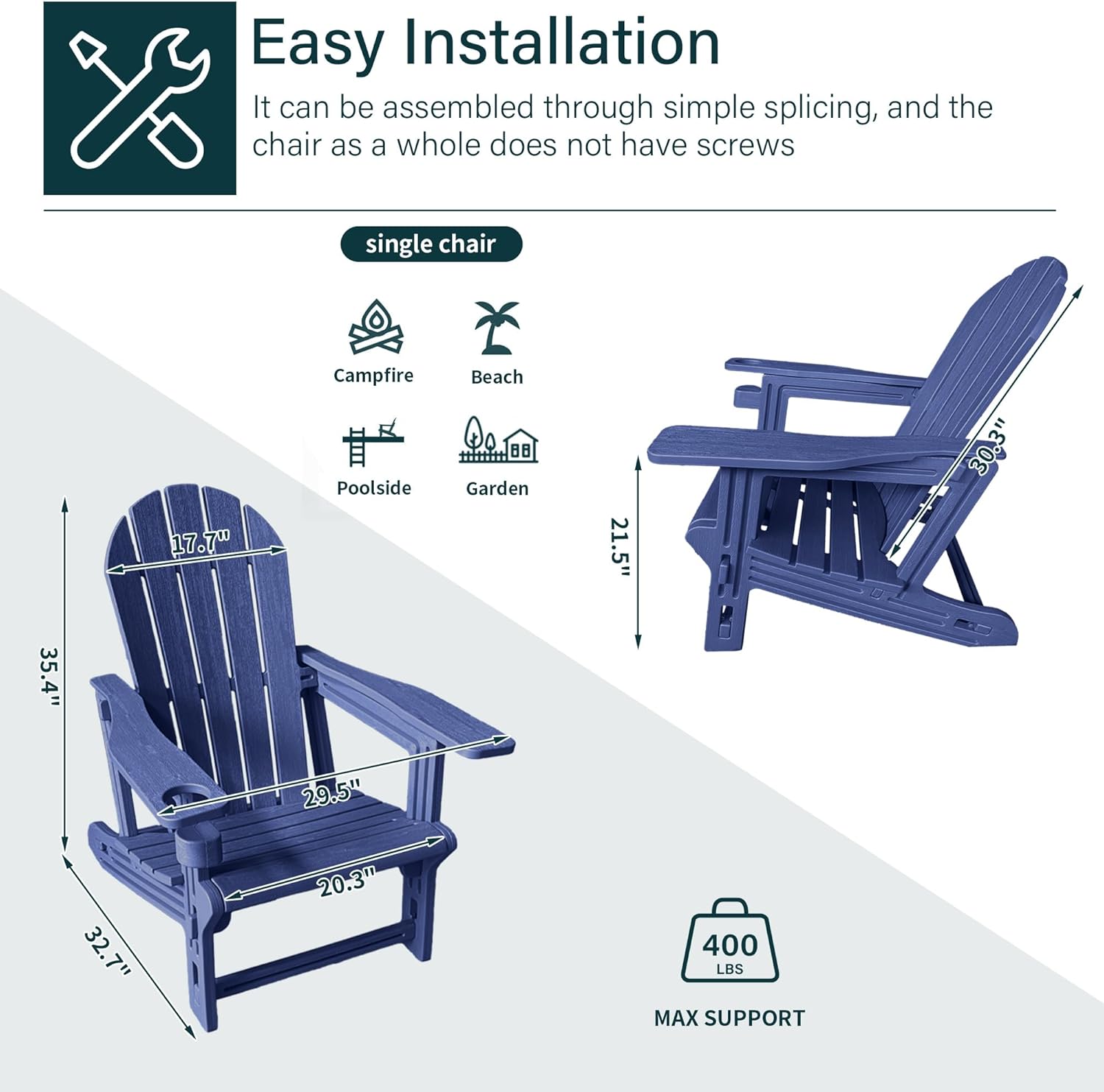 Weather-Resistant Adirondack Chair, Navy Blue HDPE Outdoor Patio Chairs with Cup Holder, Fire Pit Chairs & Outdoor Seating