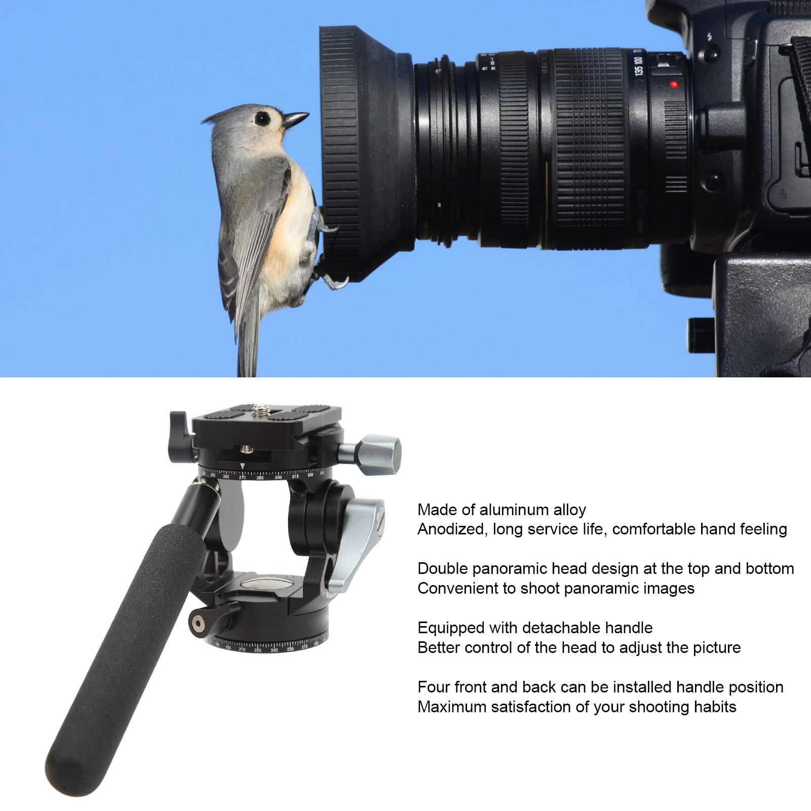 Testa per Treppiede Video Professionale Smorzamento Fluido in Lega di Alluminio con Interfaccia Maniglia Rimovibile Panoramica a 360 Gradi Capacità di Carico di 5 Kg per Fotocamera