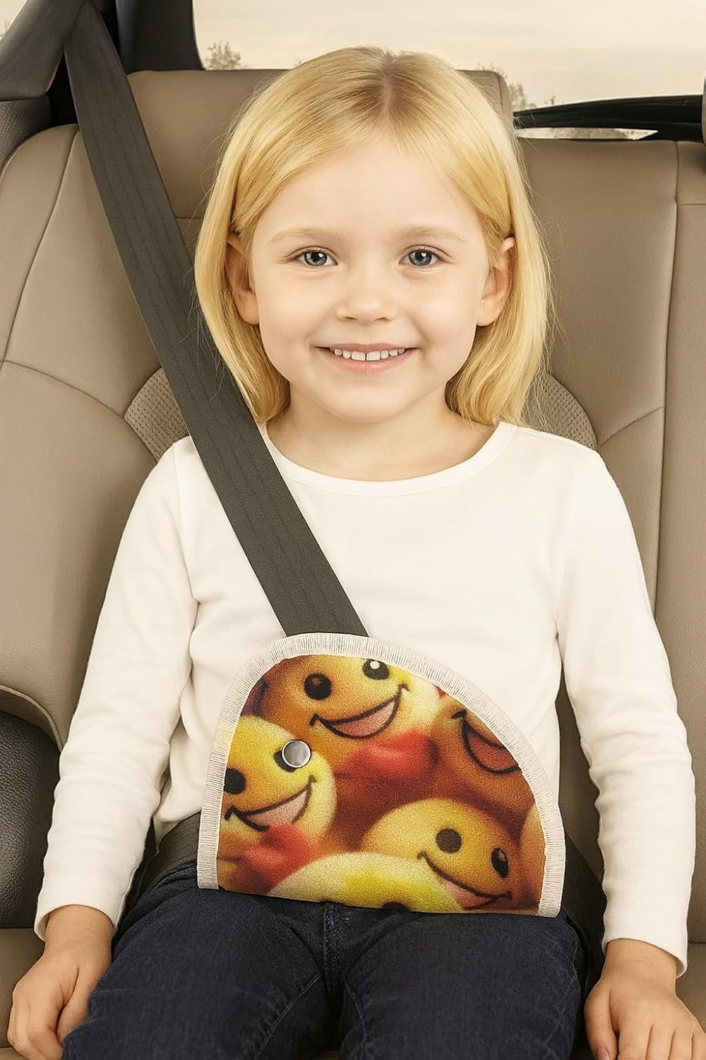 Emoji Desenli Seatbelt Yastığı, Çocuklar için Emniyet Kemeri Koruyucu, Sarı ve Kırmızı Renkte, Beyaz Kenar Şeritli, Kaymaz iç yüzey, 4mm süngerli, Boyun kesme önleyici