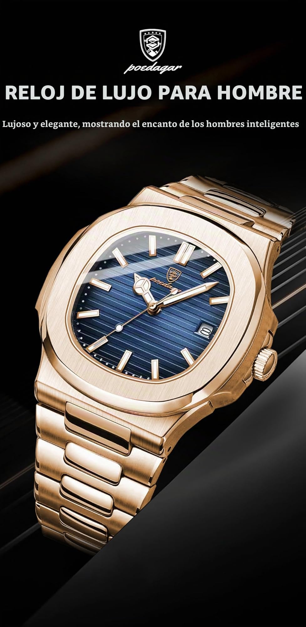 Poedagar Reloj de pulsera para hombre de moda con correa de acero inoxidable y mecanismo de cuarzo, resistente al agua, luminoso, con fecha, cuadrado