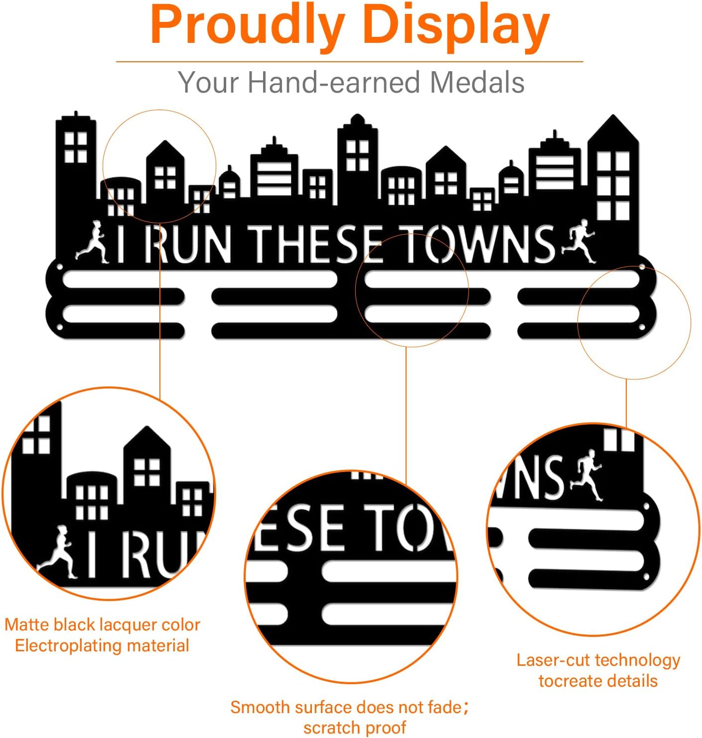 SUPERDANT Medal Holder - Running Marathon Display With Motivating Word 'I Run These Towns' - Black Iron Wall Mounted Hooks for Competition Medals - Wall Hanging