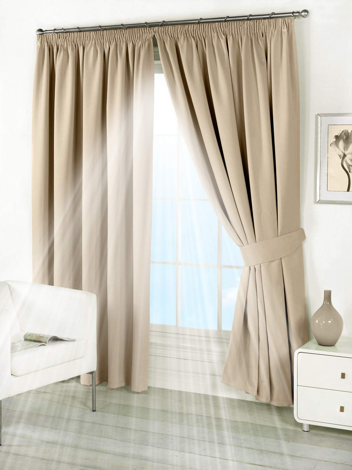 Viceroy Bedding Beige Pair Of 46" Width X 72" Drop, Supersoft Thermal Blackout Pencil Pleat Tape Top Curtains Including Pair Of Matching Tie Backs, 'Winter Warm But Summer Cool