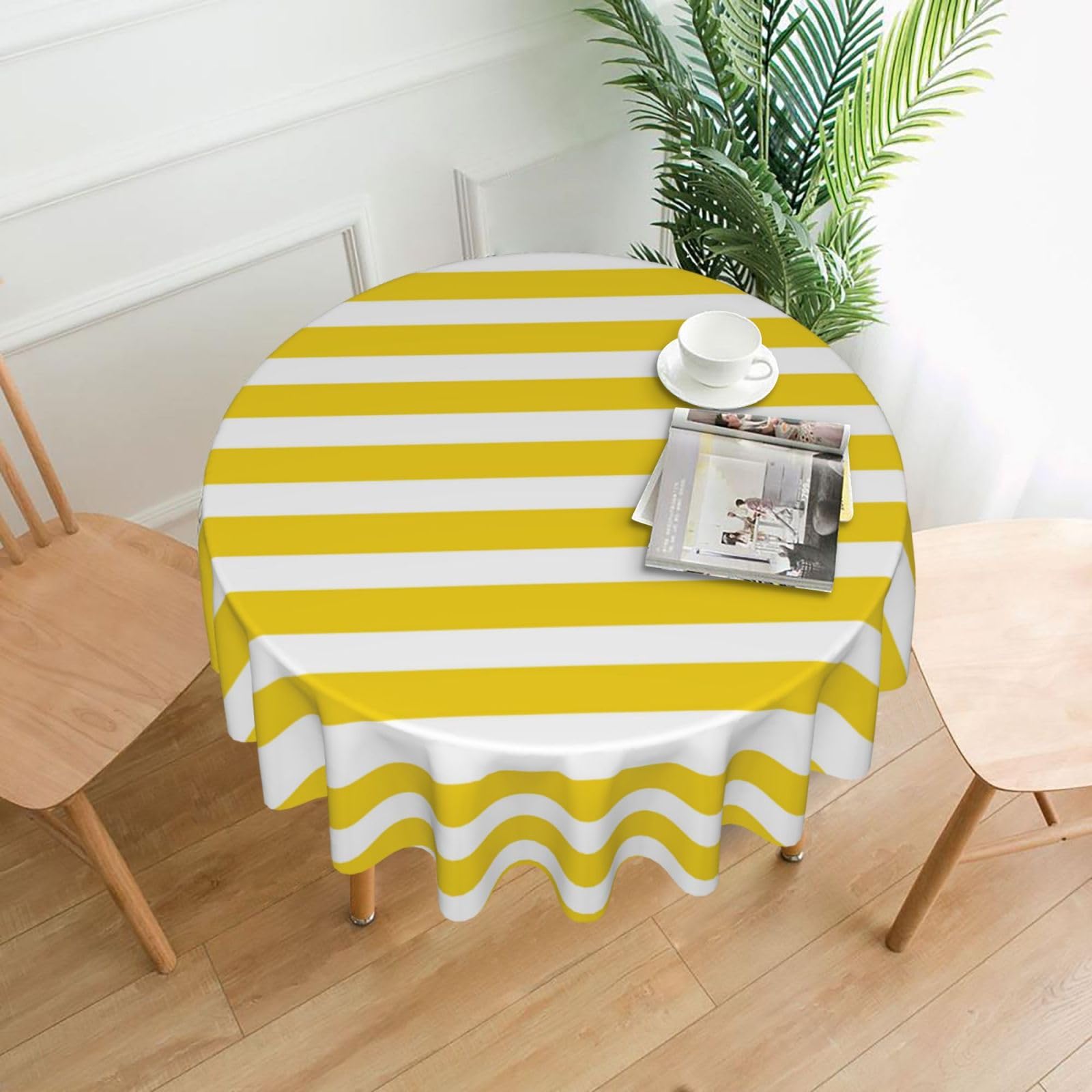 WKSGDSG Round Tablecloth 60 Inch/152 Cm, Lemon Yellow Stripes Table Cover Wipeable Washable Farmhouse Tablecloths For Party Decorative Wrinkle Resistant Table Cloth For Round Tables, Easy To Clean