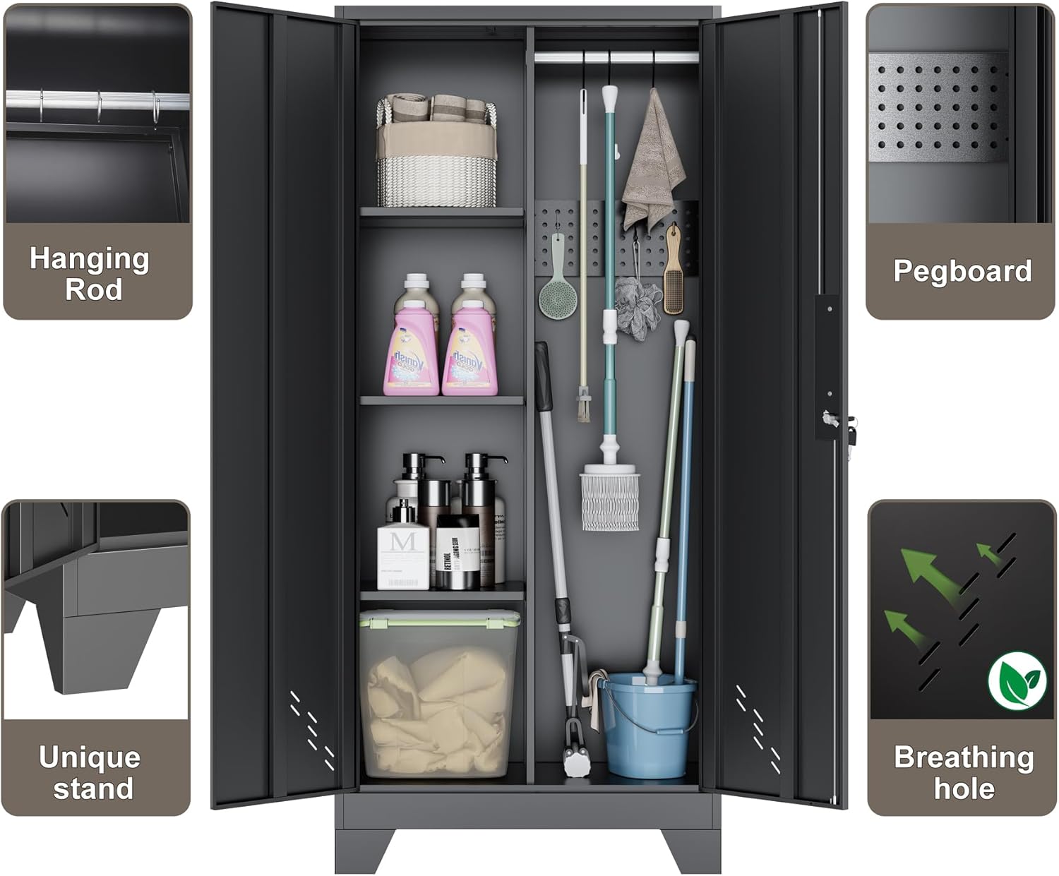 61" H Garage Cabinets, Metal Storage Cabinet with Lockable Doors and Pegboard, Utility Closet for Brooms and Mops, Tool Cabinets for Home Office Laundry Room Living Room