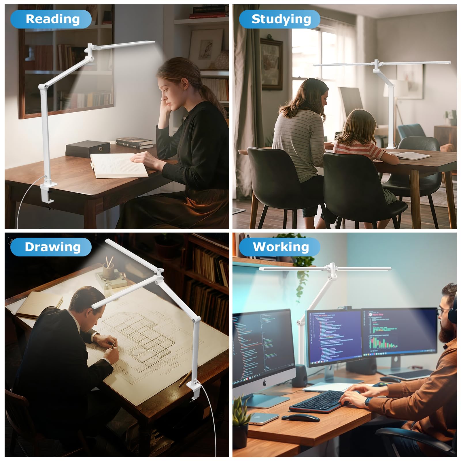 Airlonv LED Desk Lamp, Double Swing Arm Wide Lighting Area Desk Lamps for Home Office with Stepless Dimming, Eye-Caring Architect Desk Light with Clamp for Reading, Study, Workbench, Drafting(White) view 8