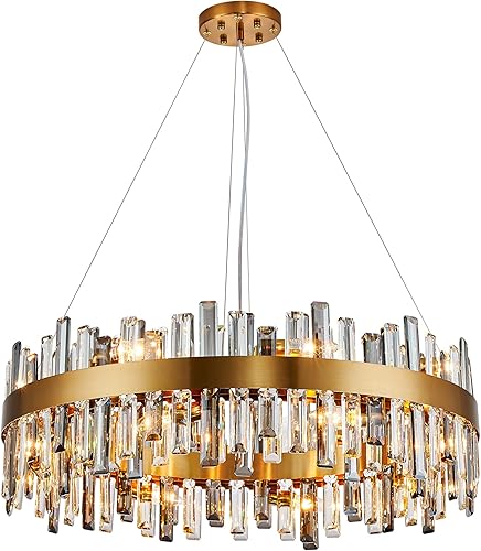 Miniatura 7 de Siljoy Candelabro moderno de cristal de 31.5 pulgadas, 16 luces de lujo de 2 niveles de latón redondo dorado con forma de gota de lluvia, lámpara de