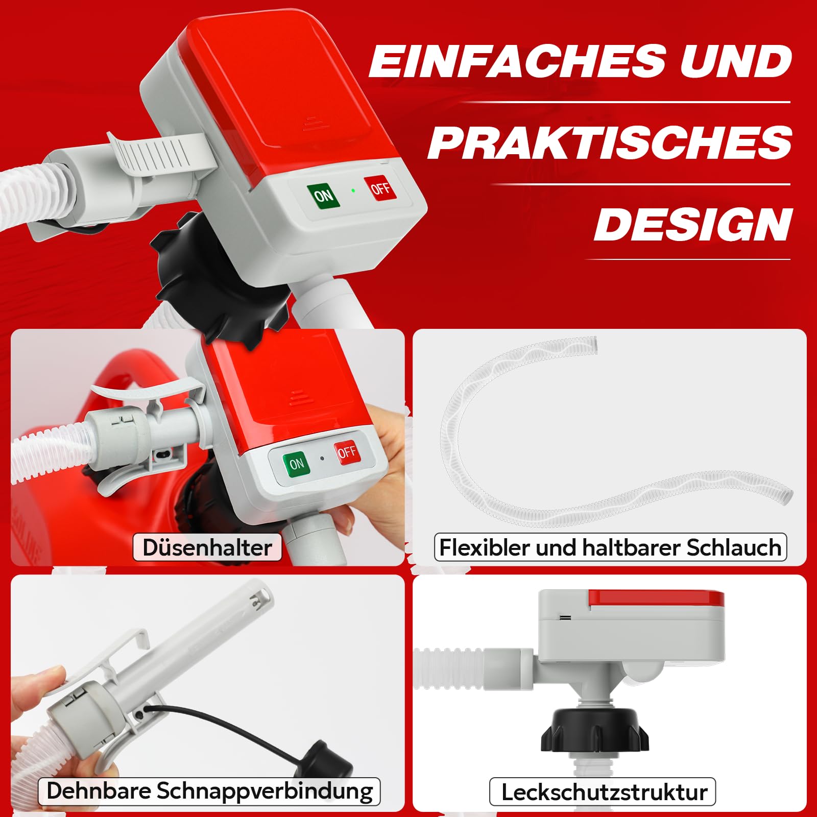 Keimi Kraftstoffpumpe mit Auto-Stop, 2,4GPM (10.5L/Min）129,5 cm extra langer Schlauch, batterie- & USB-betrieben, 4 Dosenadapter, schnelle und sichere Gaspumpe für Öl, Diesel und Benzin