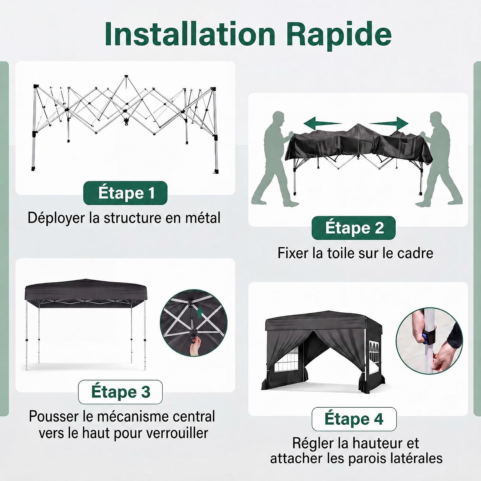 RELAX4LIFE Tonnelle Pliante 3x3 avec Parois, Barnum Pliant 3x3 pour Jardin/Marché/Camping, Cadre en Acier au Carbone, Tissu Oxford Argenté, Gazebo Tente de Réception avec Sac à roulettes (Noir)